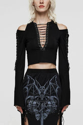 Black V Collar Off Shoulder Long Sleeves Hollow Tie Rope Womens Steampunk T-Shirt